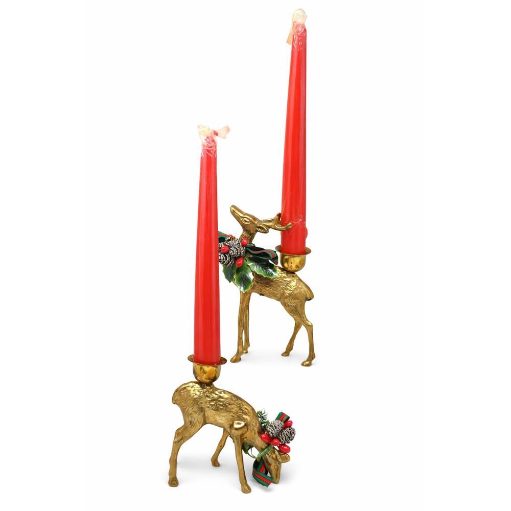 Set of 2 Vtg Solid Brass Reindeer Stag Deer Candle Holder Figurine Candles